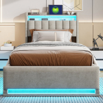 &Uuml;heinimesevoodi 90 x 200 cm, hall, samet, gaasit&otilde;stukiga, LED-valgustusega, USB ja C-t&uuml;&uuml;pi, peatsi hoiuruumiga