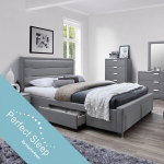 Voodi CAREN 160x200cm, madratsiga HARMONY DELUX, hall, 165x220,5xH110cm, MDF, pol&uuml;esterkangas