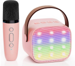 Mini karaokemasin lastele t&auml;iskasvanutele, kaasaskantav Bluetooth-k&otilde;lar 1 traadita mikrofoniga, heleroosa