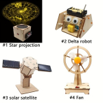 4-&uuml;hes auruga hariduskomplekt lastele - DIY k&auml;sit&ouml;&ouml;komplekt elektrilise ventilaatori, p&auml;ikesesatelliidi, t&auml;heprojektori ja kolmnurkse roboti jaoks.