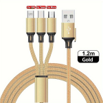 3-in-1 Kiirlaadija USB Kaabel, Nailonist Punutud, Auksinės spalvos