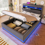 Pehmete polsterdatud voodi, 140x200cm, USB-C, LED, h&uuml;drauliline