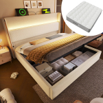 H&uuml;drauliline voodi LED, USB/Type-C, madrats, 140x200 cm