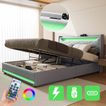 Kaheinimese panipaigaga voodi 160x200cm LED ja USB-ga, h&uuml;drauliline panipaigaga voodi, polsterdatud voodi liistudest alusega, hall