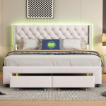 Voodi 180*200 cm, LED-valgustuse ja USB-pordiga, kahe sahtliga, beež v&auml;rv, samet
