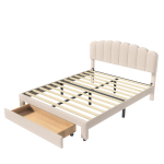 Polsterdatud voodi 140 x 200 cm sahtli ja USB-laadimisega, reguleeritava k&otilde;rgusega peats, teddy-samet, beež