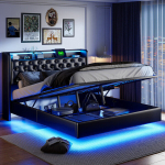 Kaheinimesevoodi 160x200 cm LED-valgustuse ja USB-pordiga, ujuvvoodi, must kunstnahk