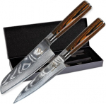 Wolfblood Damaskuse noakomplekt 2 tk (24 cm) professionaalsed Damaskuse k&ouml;&ouml;ginoad, valmistatud 67 kihi Damaskuse terasest I - koos koka noa, Santoku noa, puidust k&auml;epideme, kinkekarbi ja terakaitsmega