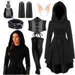 Gothic Lady kost&uuml;&uuml;m Must kleit Elf Halloween karneval Set 7El