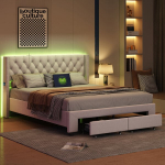Voodi LED-valguse ja USB-pordiga, kahe sahtliga, beež, samet, 160 &times; 200 cm
