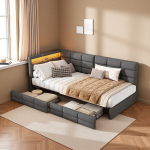 Diivanvoodi 90x200 cm, polsterdatud voodi LED-valgusti, USB-pordi ja kahe sahtliga, linane kangas, hall