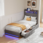 &Uuml;heinimesevoodi 90x200 cm, USB/Type-C liidesega, LED-valgustusega, 2 sahtliga, linane, hall