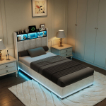 Lastevoodi LED-valgustusega, 2 USB ja 1 C-t&uuml;&uuml;pi laadimisport, h&uuml;drauliline hoiukast, 90x200cm, valge flanell, ilma madratsita