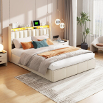 Kaheinimesevoodi, 140 x 200 cm, LED-valgustusega, USB-pordiga, beež, samet