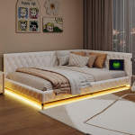 Diivanvoodi 140x200 cm, polsterdatud voodi LED-valgustite ja USB-ga, karukaru fliiskangas, beež