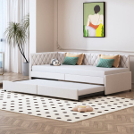 Kaheinimese diivanvoodi, pikendatav polsterdatud diivanvoodi liistudest alusega, 90 x 200 cm, valge, samet, ilma madratsita