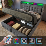 Polsterdatud voodi 160x200 cm, LED peatsiga, USB-C, h&uuml;drauliline, puit+metallraam, hall puuvill (ilma madratsita)