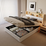 Voodi 160 x 200 cm h&uuml;draulilise hoiustamisfunktsiooniga - peatsipea LED ja USB-ga - PU - valge