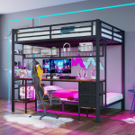 K&otilde;rge voodi 90x200 / 140x200 cm laua, sahtlite, LED-riba ja USB-pordiga, must (ilma madratsita)