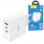 Hoco 65w Gan laadija: 2x Usb-c, 1x Usb-a, Qc Pd, valge