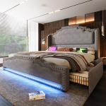 Polsterdatud voodi 160x200 cm, 4 sahtlit, LED, USB-C, samet, hall, ilma madratsita