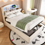 Laste polsterdatud voodi 90x200 cm, LED, USB, sahtlid, vitstest, beež