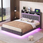 Pehme voodi 140x200 cm USB pesa ja LED-valgustusega linane kangas hall ilma madratsita 1 tk