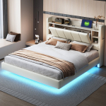 Polsterdatud voodi 160x200 cm USB, LED ja riiulitega, kaheinimesevoodi, linane kangas, beež