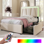 Polsterdatud voodi 90x200 cm, LED, 2 sahtlit, puidust lauad, beež, ilma madratsita