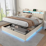Voodi 140x200cm h&uuml;draulilise hoiustamisfunktsiooniga - LED ja USB-ga - samet - Beež
