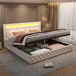 Pehmete polsterdusega voodi 180x200 cm, resti ja LED-ga, valge, 1 tk