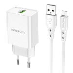 Laadija Borofone BN5 QC 3.0 18W + microUSB valge