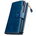Naiste nahast rahakott suur lakitud mahukas RFID rihmaga sinine
