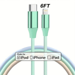 1 Pakk/3 Pakki 182.88 Cm PD 20W USB-C Kaabel, Metallkorpus, 5 S&uuml;damikku, IPhone Kiire Laadija., Žalia: 1/Pak