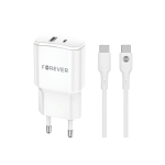 Forever TC-01-20AC PD QC laadija 1x USB-C 1x USB 20W valge + USB-C - USB-C kaabel 20W
