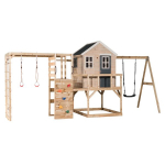 Puidust m&auml;ngumaja lastele kiige ja ronimisseinaga, Wendi Toys M23G-G, hall, 197 x 508 x 242 cm