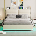 Kaheinimesevoodi 160 x 200 cm, polsterdatud voodi LED-valgustiga, USB-&uuml;hendus, peatsiga panipaik, t&otilde;stetav voodip&otilde;hi, beež linane