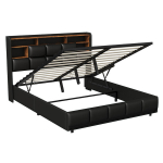 Polsterdatud voodi 140 x 200 cm koos panipaigaga, h&uuml;drauliline panipaigaga voodi LED-valgustuse ja USB-pistikuga, voodiraam peatsi ja lamellidega, funktsionaalne voodi, PU, must, 140 x 200 cm