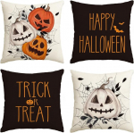 Oranžid dekoratiivpadjap&uuml;&uuml;rid Halloween 50x50 cm, 4-osaline komplekt &mdash; padjap&uuml;&uuml;rid, s&uuml;gisene kodukaunistus, halloween tekstiilid, diivanipadja katted, elutoa kaunistused, t&otilde;mblukuga padjap&uuml;&uuml;rid, dekoratiivpadja komplekt