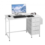 Valge arvutilaud riidest sahtlite ja metallraamiga, 120 cm