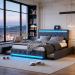 Voodi 160&times;200 cm, 4 sahtliga, kaheinimesevoodi, LED-valgustus, tuftimisstiil, hall, sametkangas