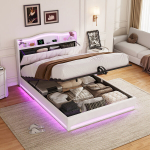 Voodi, 160&times;200cm, LED-tulede ja USB/C-portidega, h&uuml;drauliline hoiuruum, beež, samet.