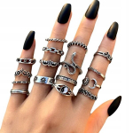 RETRO PUNK VINTAGE 16 tk CASUAL SET SILVER RINGS Z26, RETRO PUNK VINTAGE 16 vnt. sidabrinių žiedų rinkinys