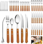 Daily Treasures 36-osaline s&ouml;&ouml;giriistade komplekt, roostevabast terasest puidust k&auml;epidemetega s&ouml;&ouml;giriistad, esmaklassilised n&otilde;ud, noa kahvli ja lusika komplekt, sisaldab steak-nuga, k&otilde;rreteenus 6 inimesele