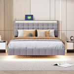 Voodi LED-valguse ja USB-pordiga, linane, hall, 140*200cm