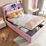 Lastevoodi 90 &times; 200 cm, LED-valgusti ja USB-pordiga, panipaigaga peatsiga, sametkangas, roosa