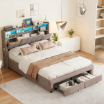 Voodi 160x200 cm liistudest alusega, LED ja USB, linane kangas, sahtlitega voodiraam, hall