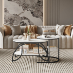 Kaheosaline kohvilaua komplekt - hoiuriiulitega - valge marmori tekstuur - mustad metalljalad