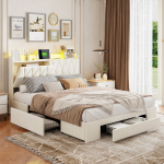 Voodi 160 x 200 cm, USB-laadijaga, LED-valgustuse ja 3 sahtliga, beež, samet