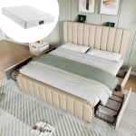 Polsterdatud voodi 160x200 cm, LED, USB, 4 sahtliga, beež linane kangas, madratsiga